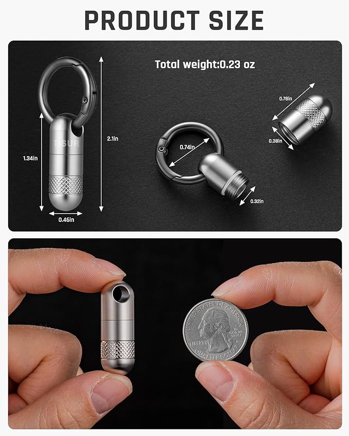 TISUR Small Keychain Pill Holder, Titanium Pill Case Waterproof Pill Fob for Travel Purse Pocket, Portable Pill Container Box Pill Organizer Tube (Upgrade Tiny 2pcs)