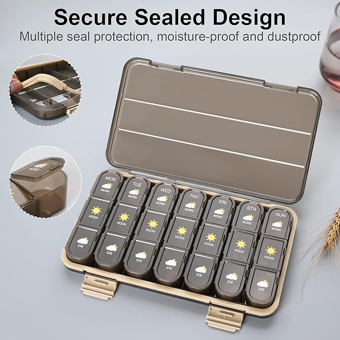 Pill Organizer 3 Times A Day, Pill Box 7 Day - Acedada Weekly Travel Medicine Organizer Box 3X A Day, Large Pill Container Holder Vitamins Case Pill Dispenser, Brown