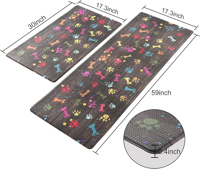 Farmhouse Kitchen Mats Cushioned Anti Fatigue Mats for Kitchen Floor Waterproof Kitchen Mats and Rugs Ergonomic Comfort Standing Mat for Kitchen, Laundry Room, Colorful Dog Paw and Bone(Chocolate)