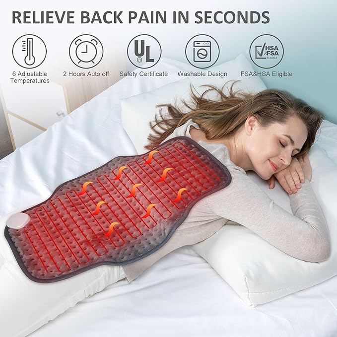 Snailax Heating Pad for Back Pain Relief，Electric Heat Pad for Period Cramps, Neck, Shoulders, Heated Pad with Adjustable Strap, 6 Heat Levels, Auto Shut Off, 16”x24”,Washable,Gifts