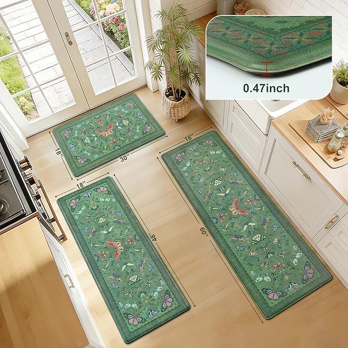 Yinhua Kitchen Rugs Sets of 3, Green Insect Kitchen Rugs Non Slip Washable, Farmhouse Anti Fatigue Mats for Kitchen Floor, PVC Waterproof Rug for Spring Summer, 18''x30''+18''x48''+18''x60''