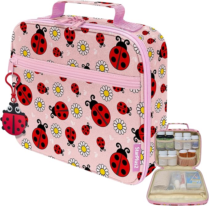 Medium Travel Pill Bottle Organizer, Child Medicine Bag with Zipper Toy, Carrier for Kids Medications and Medical Supplies - Lady Bugs