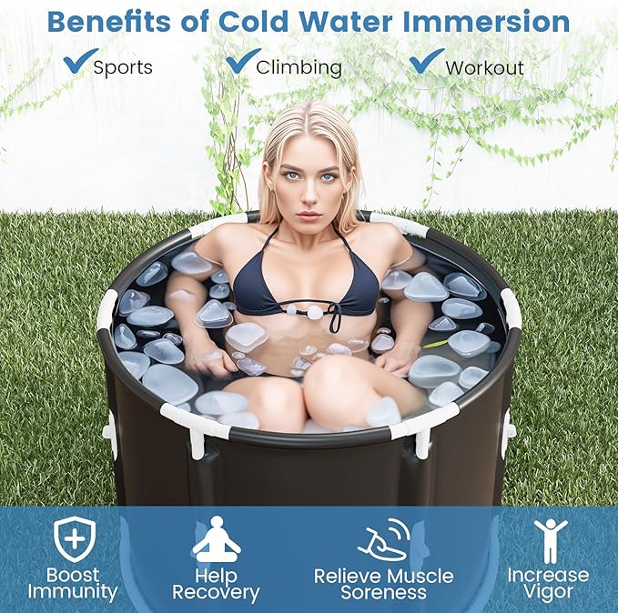 GYMAX Ice Bath Tub, 66 Gal Cold Plunge Tub with Lid & Click Design, Foldable Cold Bath Plunge Tub for Athletes Cold Water Therapy, Portable Freestanding Soaking Tub for Backyard, Home