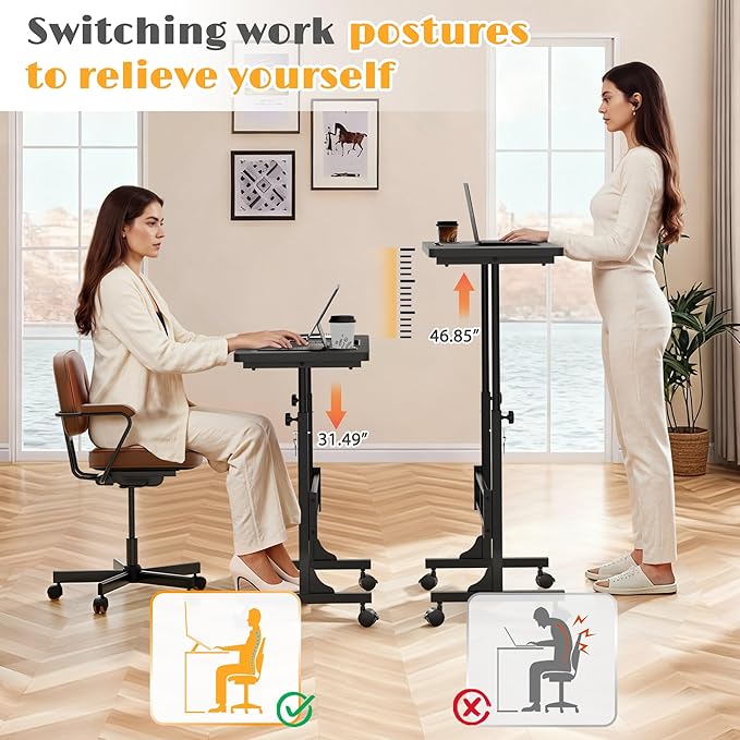 Furmax Small Portable Standing Desk Adjustable Height, Mobile Stand Laptop Computer Workstation with Lockable Wheels for Walking Pad Treadmill (Black)