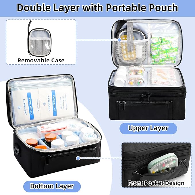 Medicine Bag for Traveling with Portable Small Pouch, Double Layer Pill Bottle Organizer Storage Case with Lockable Zippers, Carrying Medication Travel Case with Shoulder Strap (BAG ONLY) Black