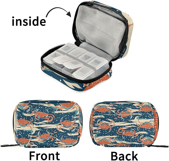 Travel Pill Case Nautical Crab Weekly Small Pill Box 7 Day Pill Box Pill Organizer Bag