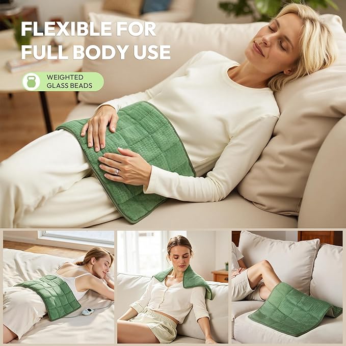 GOTCOZY Weighted Heating Pad 12"X24" - Electric Heat Pad for Back Neck Shoulder Pain Relief,6 Heat Settings,3H Auto Shut Off, Birthday Gifts for Women Men, Dad, Mom (Sage Green)
