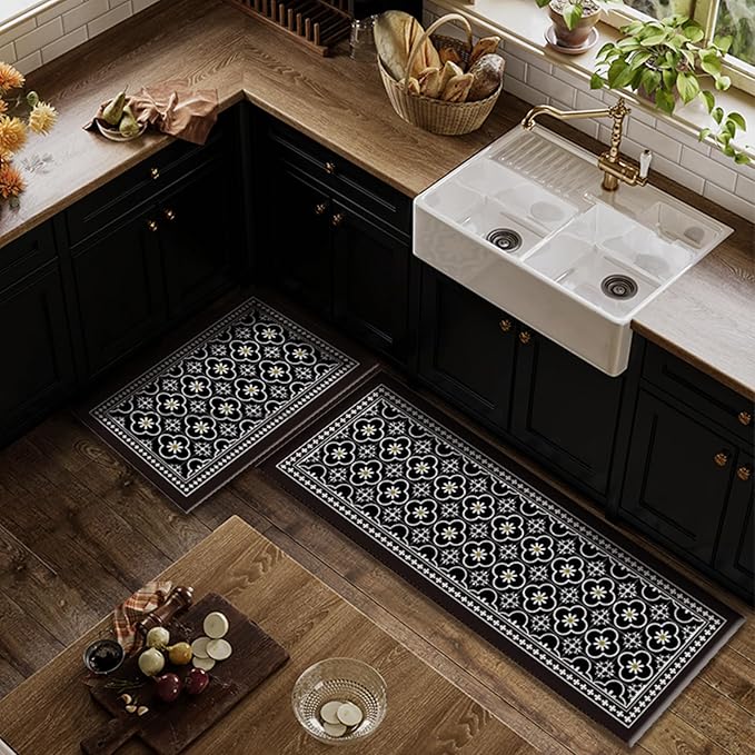 Kitchen Mat, [2 PCS] Kitchen Rugs, Cushioned Anti-Fatigue Non-Skid Waterproof Rugs, Ergonomic Comfort Standing Mat for Kitchen, Floor, Sink, Laundry, (Black)