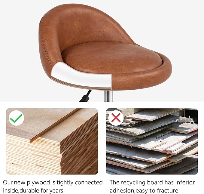 Yaheetech Rolling Stool Adjustable Swivel Stools Chair with Wheels & Back Support Round Tattoo PU Leather Salon Stools for Massage Spa, Retro Brown