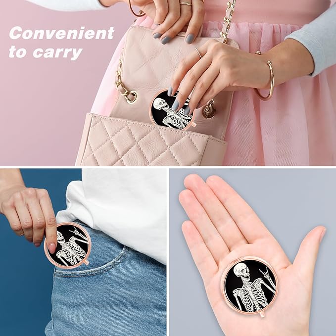 Rouidr Pill Box, 3 Compartment Medicine Pill Case, Small Metal Travel Medicine Box for Purse & Pocket, Rose Gold, Skull