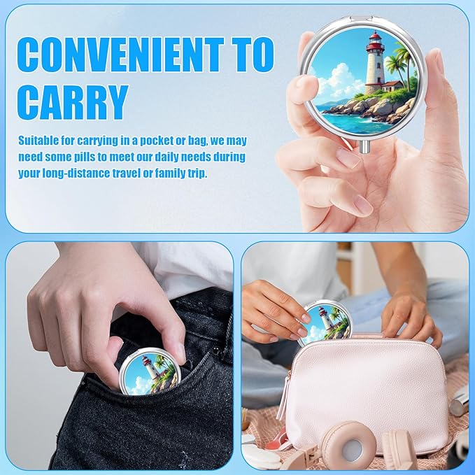 Pill Box, 3 Compartments Small Pill Case Travel Portable Metal Medicine Box with Mirror Mini Container for Purse Pocket Women Men（Lighthouse）