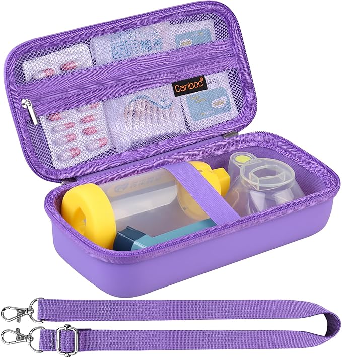 Canboc Carrying Case for Asthma Inhaler, Handheld Spacer for Adults, Mask, Inhaler Spacer Bag with Removable Shoulder Strap, Mesh Pocket fit Medicine or Essentials, Purple (Case Only)
