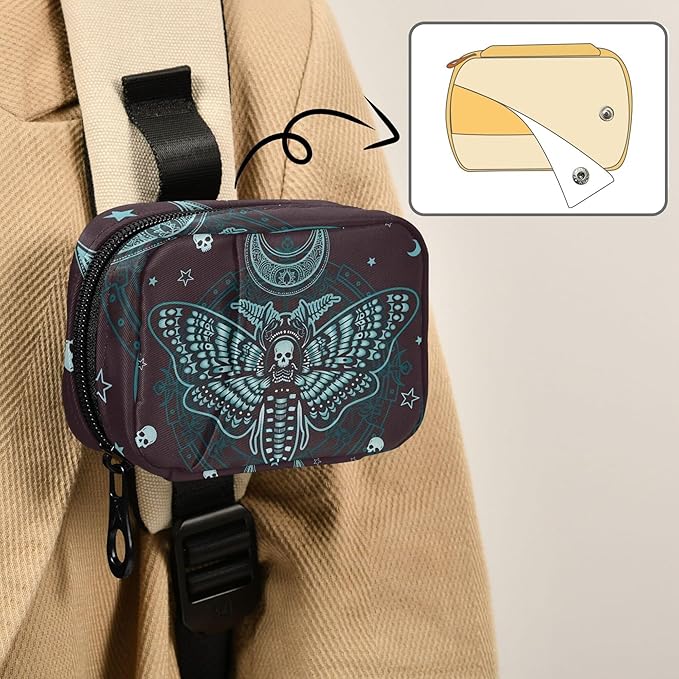 Travel Pill Organizer Bag Weekly Pill Organizer Case Gothic Skull Butterfly Portable Small Daily Pill Boxes for Vitamin Fish Oils Supplement Holder with Zipper Compact Size