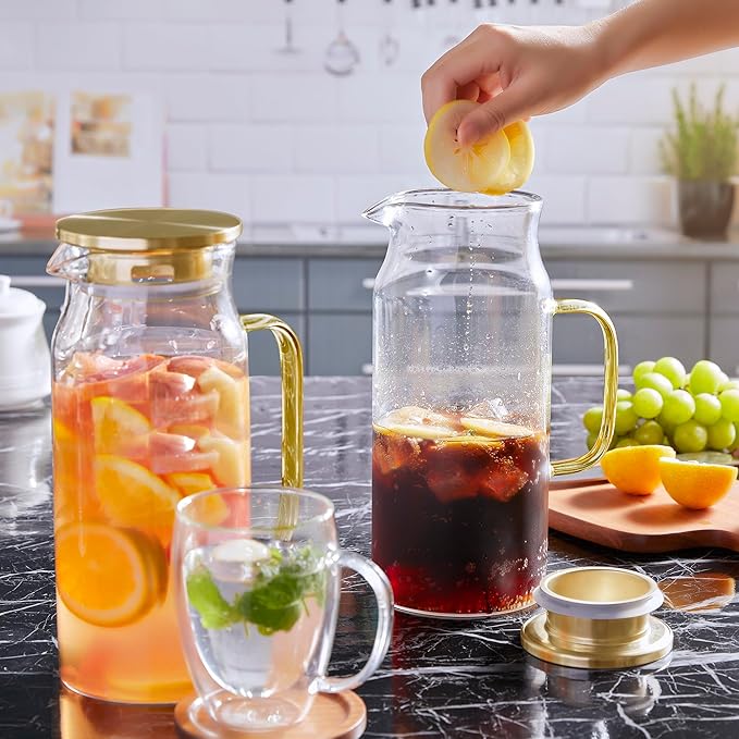 Bivvclaz 2 Pack 2 Liter 68 oz 2.1 Qt Gold Glass Pitcher with Lid and Handle, Water Pitcher for Fridge, Glass Carafe for Hot/Cold Water, Large Iced Tea Pitcher for Coffee, Juice and Homemade Beverage