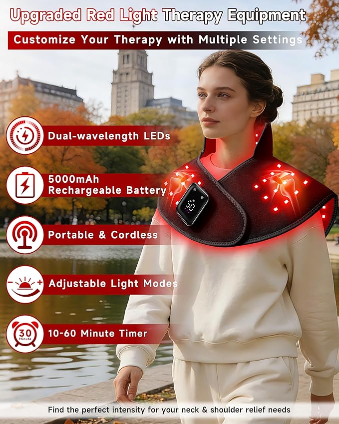 Cordless Red Light Therapy for Neck and Shoulder, 5000mAh Rechargeable 148 LEDs 660nm&850nm Near Infrared Light Therapy for Shoulder Neck Back Pain Relief (Black)