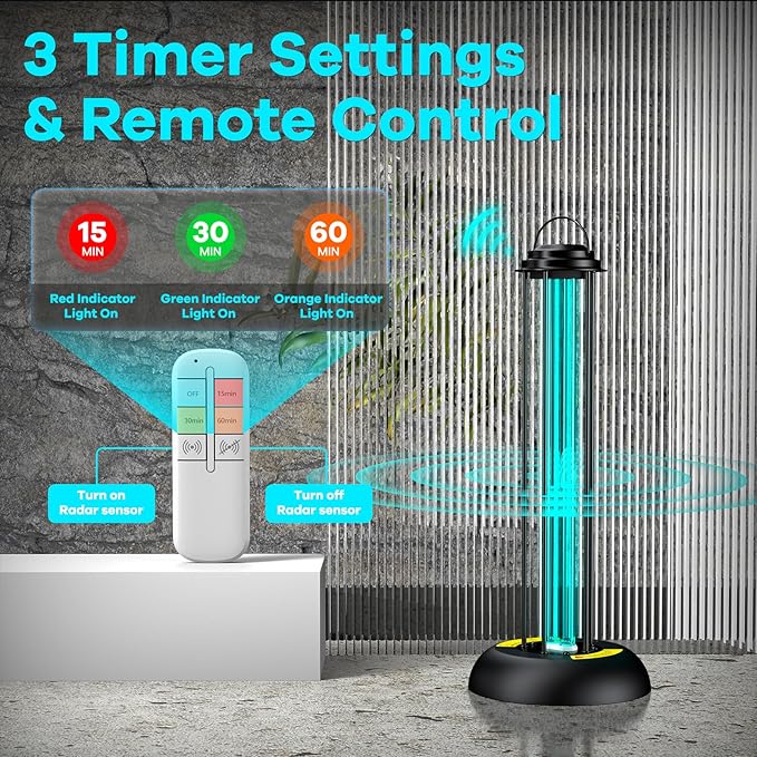 UV Light Sanitizer, 100W Ultraviolet Lamp with Remote Control for Bed Bugs and Dust Mites, Home Disinfection Device UV Lamp with Motion Sensor,3 Speed Timings for Home, Room & Kitchen