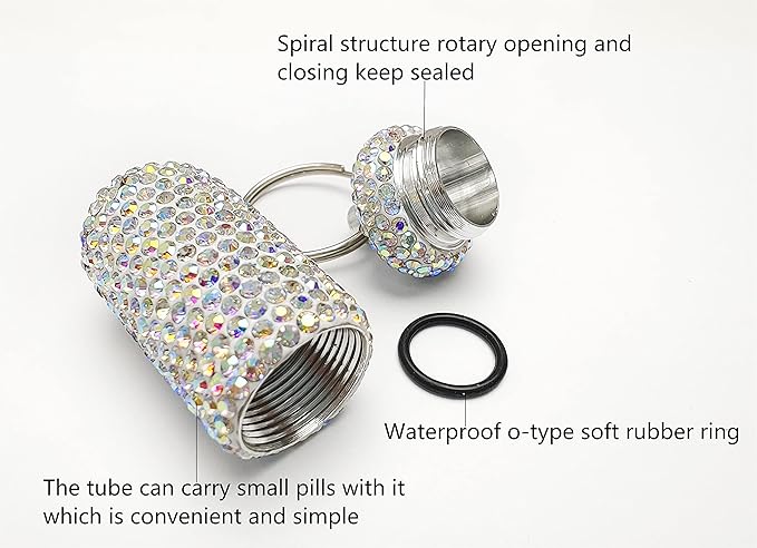 GOUWEIBA 2 Pieces Bling Pill Container Portable Pill Bottle Case Waterproof Travel Medicine Box Crystal Diamond Mini Pill Holder Storage with Keychain for Outdoor Camping Traveling (Pink, Silver)