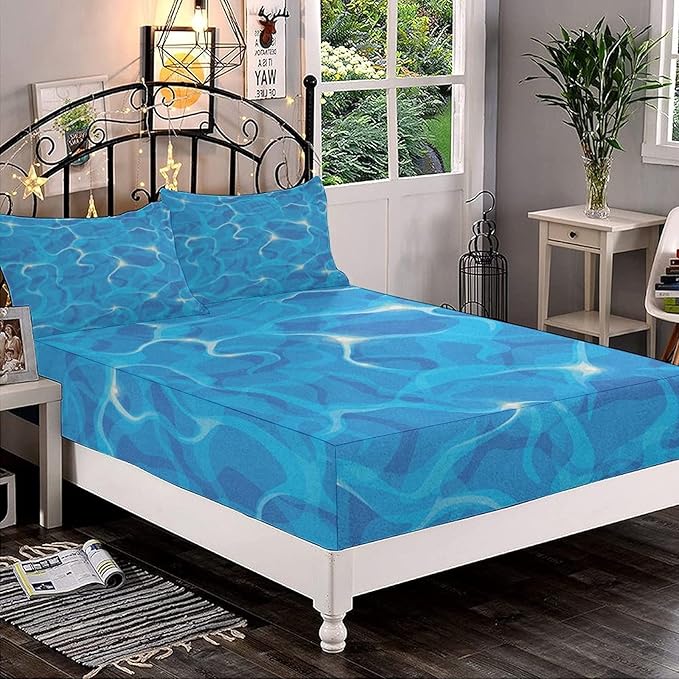 Decorative Fitted Sheet Set Queen Size, Aqua Deep Pockets Fitted Sheet & 2 Pillow Sham Set(No Flat Sheet), Realistic Vivid Water Texture Ocean Pool Surface Waves Printed Microfiber Bedding 3pc Set