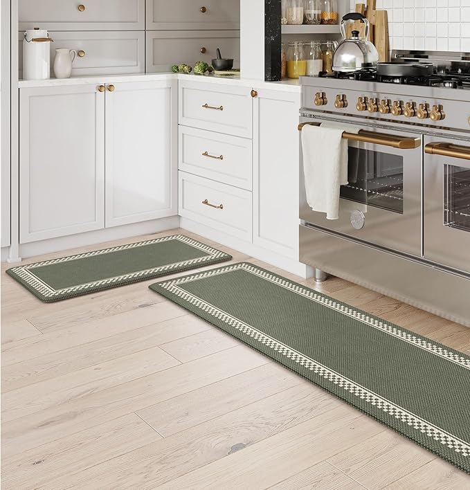 Kitchen Floor Mats Cushioned Anti Fatigue,Waterproof Kitchen Mats for Floor 2 Piece,Memory Foam Kitchen Mat,Comfort Kitchen Sink Rug for Bathroom Laundry Office,Green