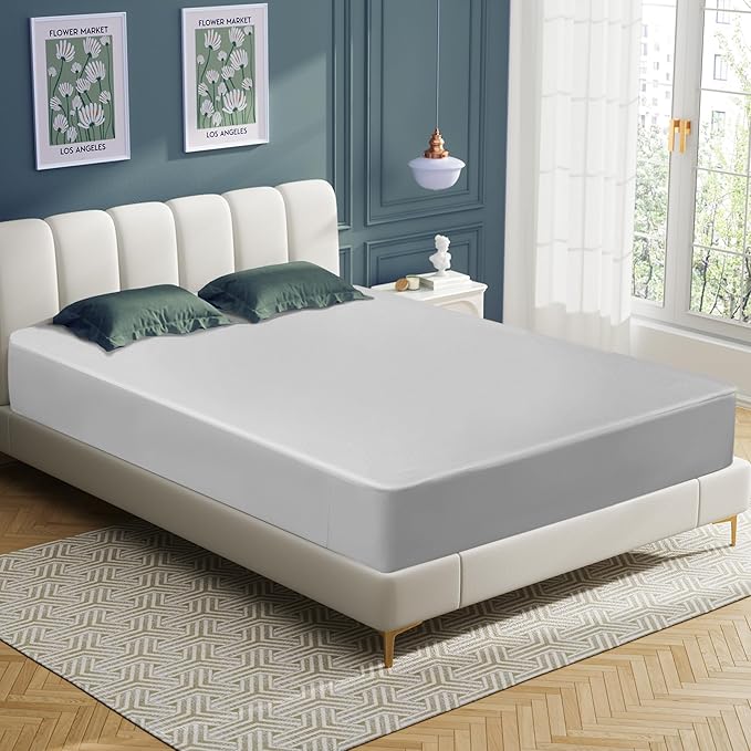 Calmbee Grounding Sheets Queen Size, 10% Pure Silver Fiber + 90% Organic Cotton, Grounding Sheet Earth Connected Bedding (Queen - 60"x 80"x 13" Gray) Fitted Earth Sheets with Grounding Cord
