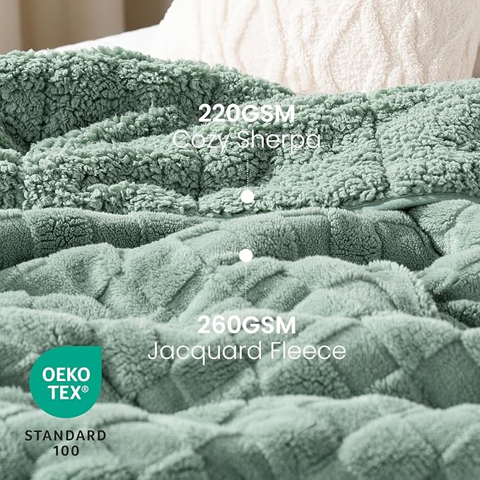 Drewin 15lbs Weighted Blanket Queen Size, Classy Soft Jacquard Checkered Sherpa Weighted Blankets for Sleep Natural and Calming, Cozy Fluffy Heavy Blanket for Sofa Bed, 60 x 80 inches, Sage Green