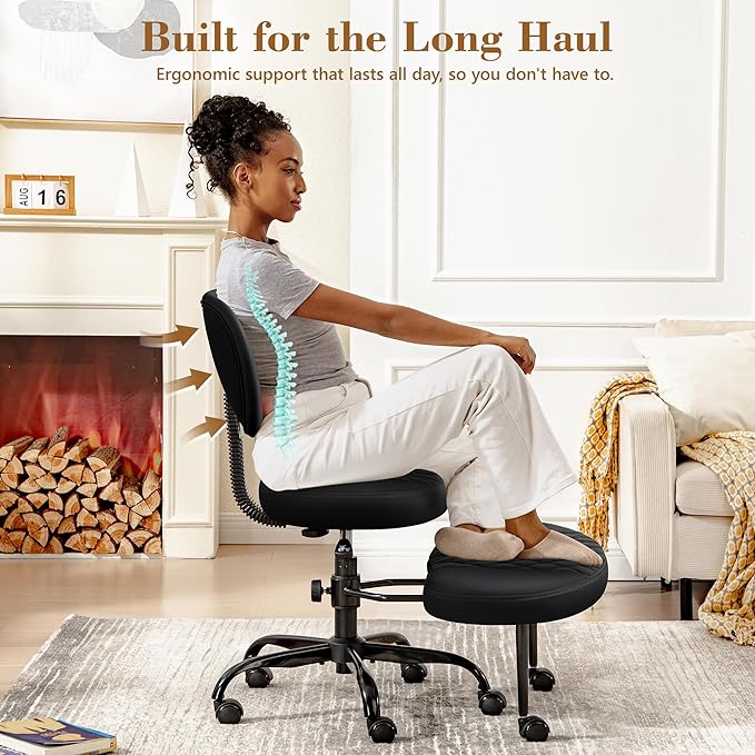 Ergonomic Cross Legged Office Chair with Wheels - Adjustable Height for Meditation, ADHD Desk & Yoga - Wide Criss Cross Design with Lumbar Support, Kneeling Chair - Upgraded Black