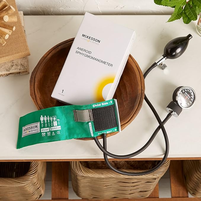 McKesson LUMEON Deluxe Aneroid Sphygmomanometer, Blood Pressure with Cuff, Pocket Size, Green, Child Small, 20 Count