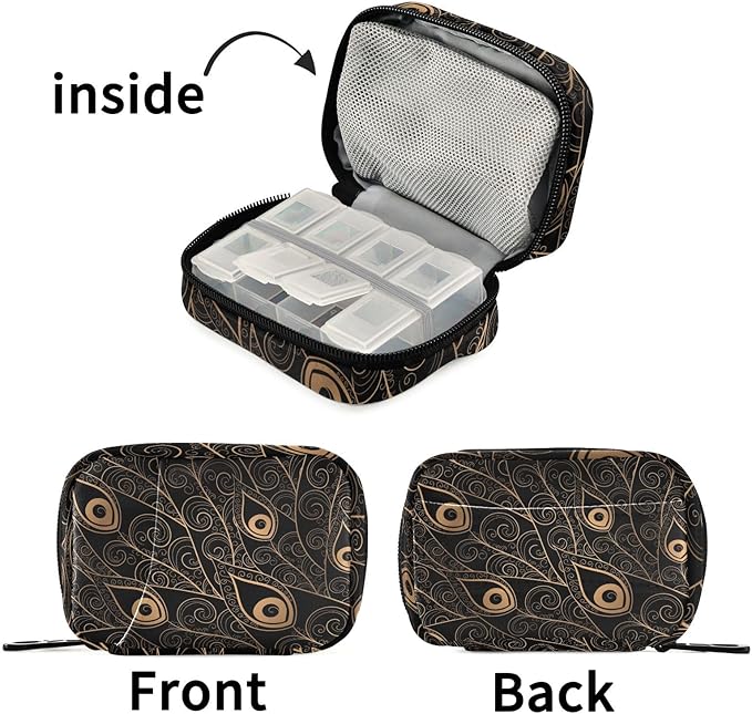 Fustylead Golden Black Peacock Feathers Travel Pill Case Bag with Zipper Weekly Pill Box 8 Compartments 7 Day Personal Pill Case Purse Medicine Case Organizer