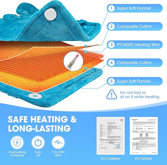Electric Heating Pad for Neck and Shoulders and Back Pain Relief, FLUFFYWARMTH 24"x33" Large with 3 Heating Levels and 3 Timers Auto Off, ETL & FCC Certified, Neck Shoulder Back Heating Heat Pad