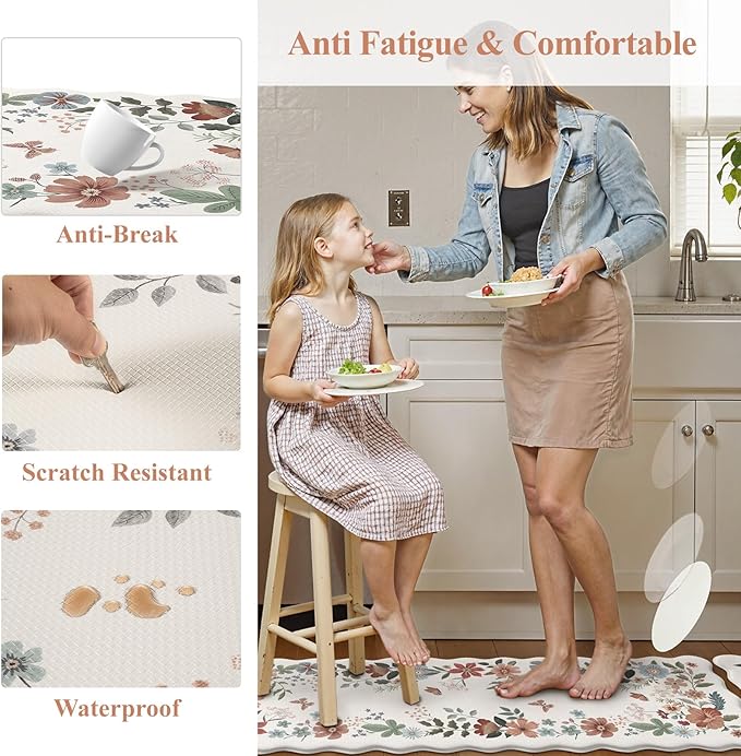 Collive Kitchen Mats Cushioned Anti Fatigue, Scalloped Waterproof Kitchen Floor Mat Beige Sink Rug 2 Piece Non Slip, Comfort Desk Standing Rugs for Bedroom, Office, Laundry