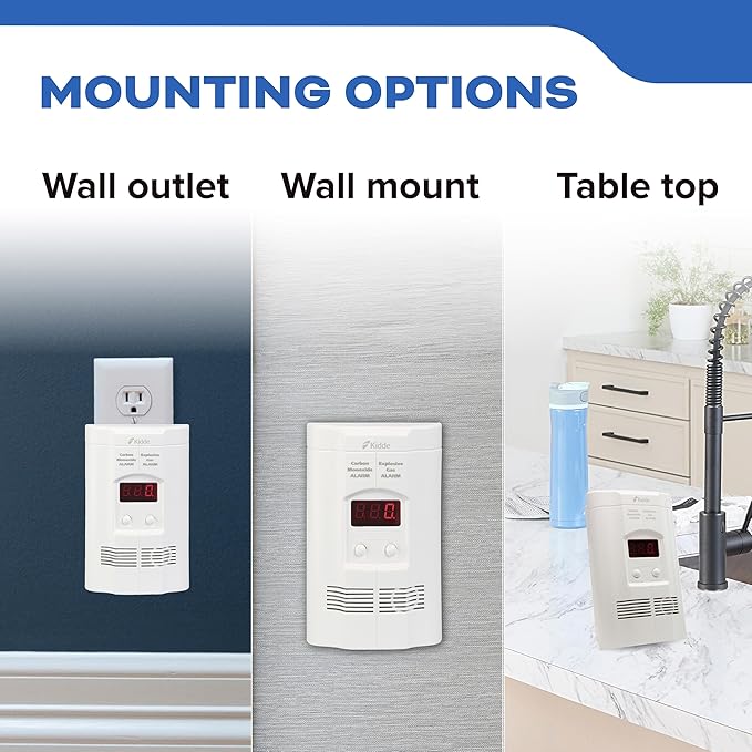 Kidde Carbon Monoxide + Explosive Gas, Natural Gas & Propane Alarm, Plug-in with 9V Battery Backup, Digital Display, 85 dB Alarm, LED Status Indicators, 3rd Edition