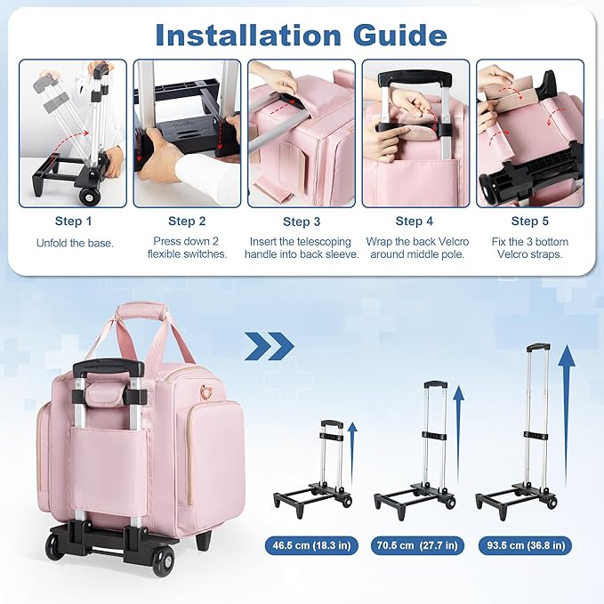 Rolling Medicine Bag for Travel, Large Pill Bottle Storage Bag on Wheels with 4 Cases and Detachable Trolley,Pink