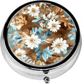 Pill Box, 3 Compartments Small Pill Case Travel Portable Metal Medicine Box with Mirror Mini Container for Purse Pocket Women Men（Watercolor Daisy）