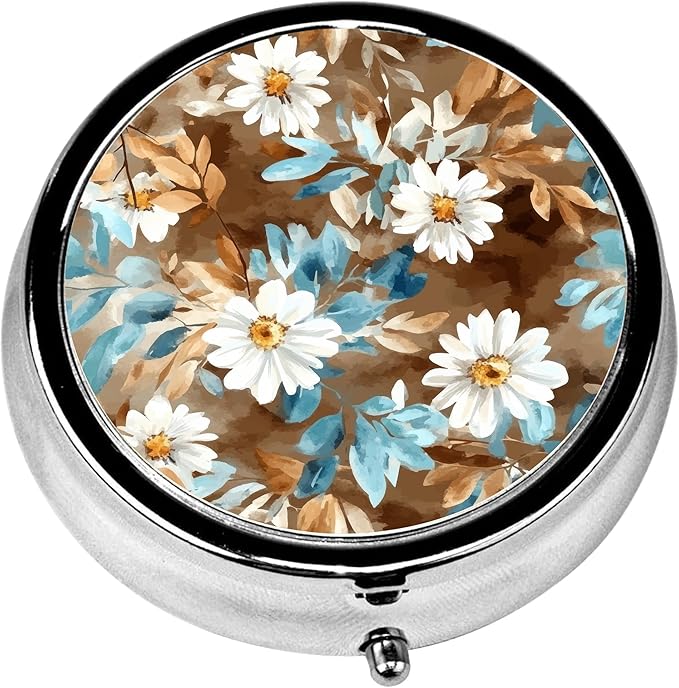 Pill Box, 3 Compartments Small Pill Case Travel Portable Metal Medicine Box with Mirror Mini Container for Purse Pocket Women Men（Watercolor Daisy）