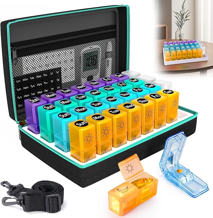 Monthly Pill Organizer 2 Times a Day, 2-in-1 for Home & Travel, 31 Day Pill Box AM PM with Cutter & Travel Bag, Portable Soft One Month Pill Box with Weekly Stickers for Medication & Vitamins