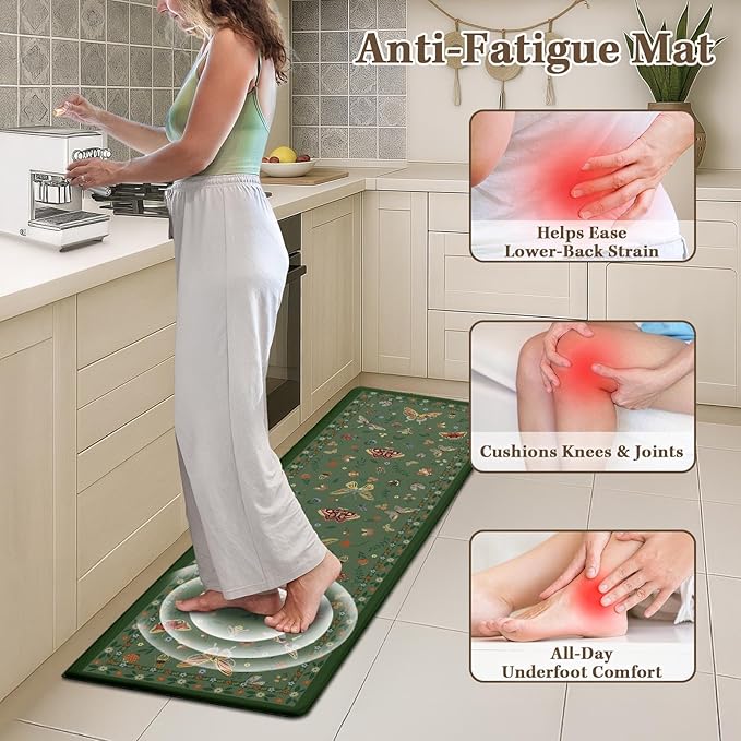Arttown Kitchen Mats for Floor 2Pcs-Anti Fatigue Non Slip Mats for Kitchen Floor, Cushioned Waterproof & Stain-Resistant Boho Floral Mat Set, Laundry Room, Office, Sink, Desk (Green)