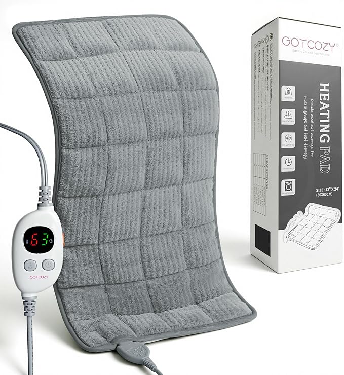 GOTCOZY Weighted Heating Pad 12"X24" - Electric Heat Pad for Back Neck Shoulder Pain Relief,6 Heat Settings,3H Auto Shut Off, Birthday Gifts for Women Men, Dad, Mom (Light Grey)