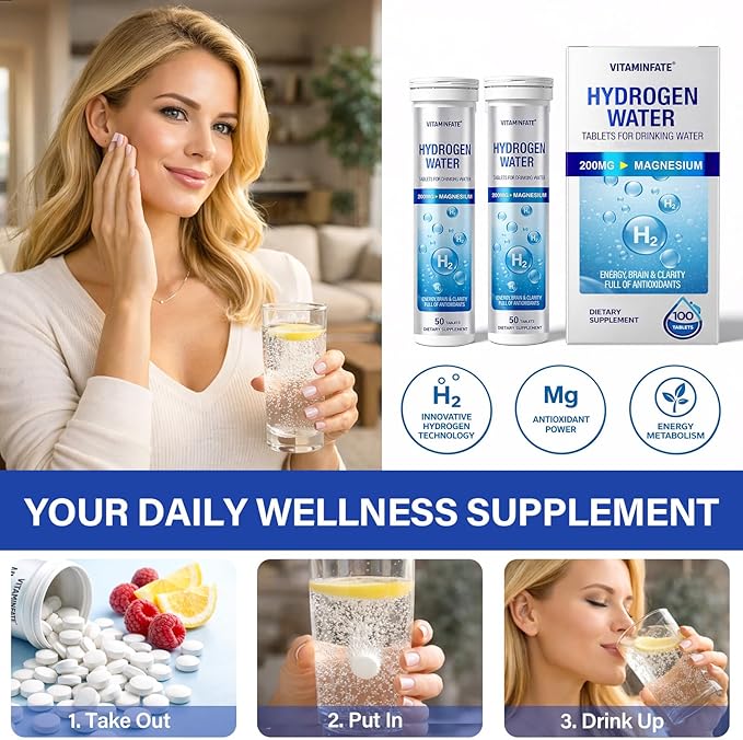 Hydrogen Water Tablets with Magnesium – 100 Counts H2 Molecular Hydrogen Tablets, Support Healthy Aging, Energy Boost & Brain Health, Lemon & Raspberry Flavors - for Home, Office & Travel