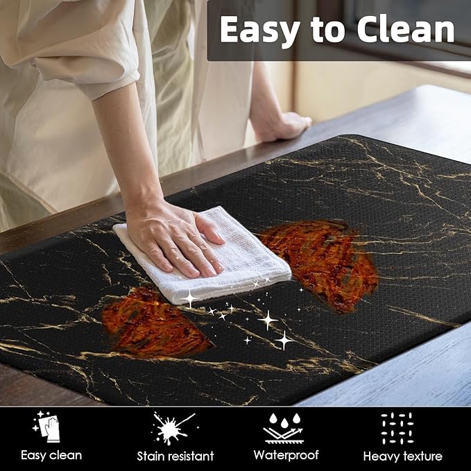 Arttown Marble Anti-Fatigue Kitchen Rug Set of 2 Black Gold Abstract Modern Cushioned Floor Mat, Standing Waterproof Non-Slip Kitchen Mat and PVC Ergonomic Comfort Foam Rug