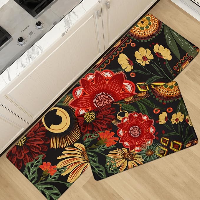 Black Boho Floral Long Kitchen Mats Rugs Sets of 2 Cushioned Anti Fatigue Floor Mat Comfort Kitchen Rugs Farmhouse Style Non Slip Waterproof Mid Century Botanical Standing Mat for Sink Laundry