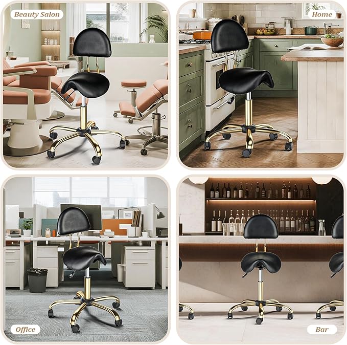 OmySalon Drafting Chair,Ergonomic Saddle Stool with Back Support,Tall Adjustable Rolling Stool with Thick Seat Cushion, Office Computer Chair for Salon Barber Spa Home Bar, Black Gold
