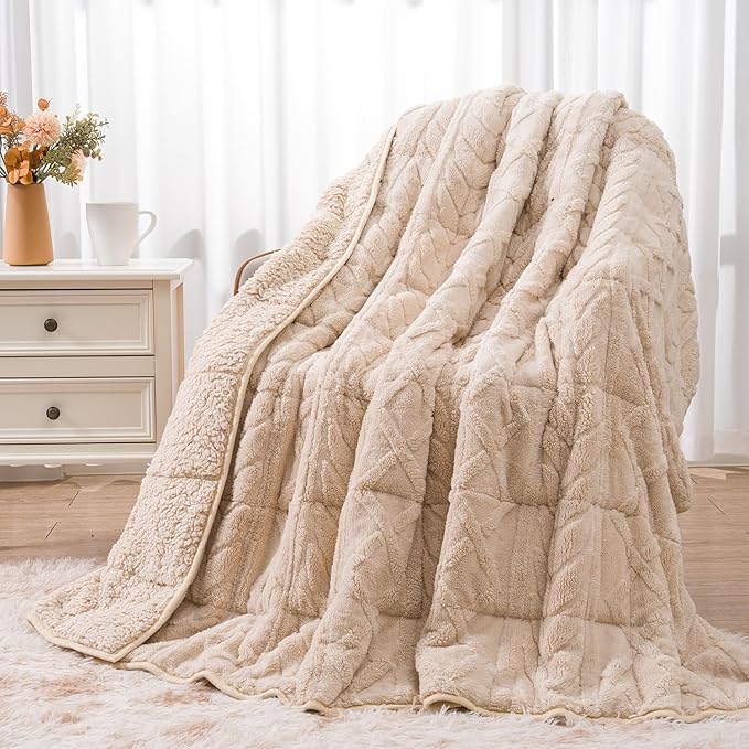 Wemore Jacquard Fleece Weighted Blanket Twin Size 48" x 72" 15lbs, Ultra Soft Cozy Sherpa Weighted Blankets for Adults, Ultra Fuzzy Heavy Blanket, Fluffy Warm Throw for Winter, Light Khaki