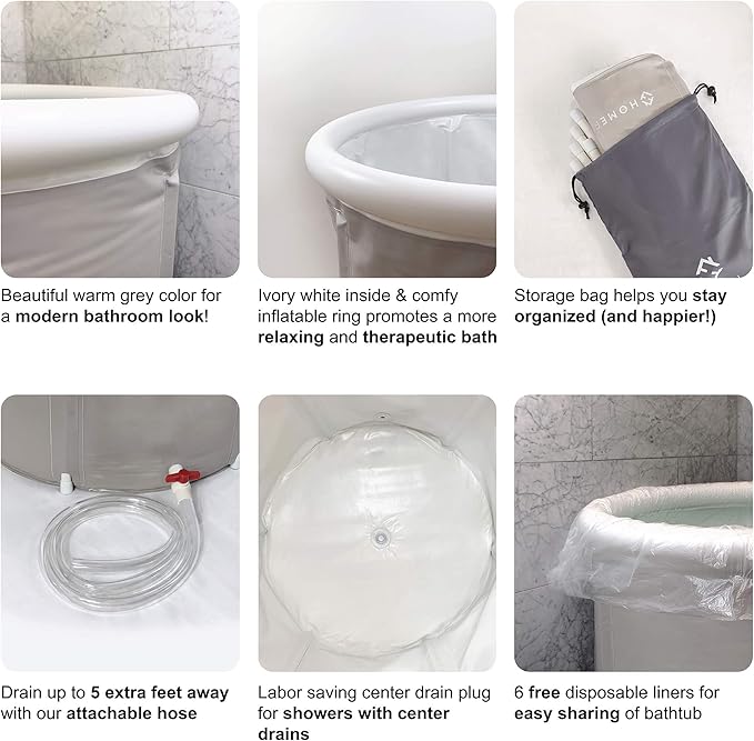 Portable Bathtub (Large) by Homefilos, Ice Bath and Cold Plunge for Athletes, Inflatable Adult Size Japanese Soaking Hot Tub for Shower Stall