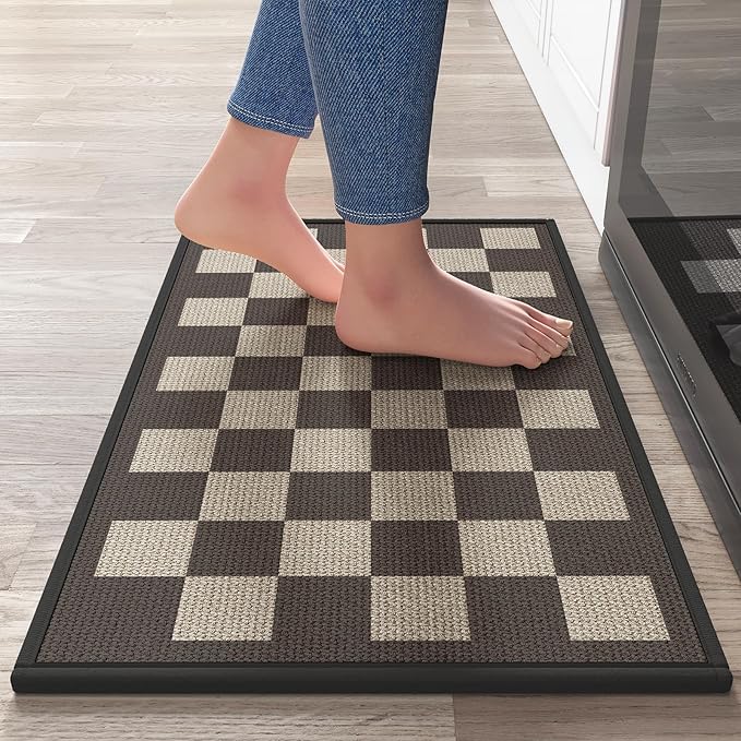 Kitchen Mats for Floor, Super Absorbent Kitchen Rugs Non Slip Washable, Linen-Look Woven Cushion Kitchen Runner Rug, Kitchen Sink Standing Mat, Black Beige Checkered 17"x30"