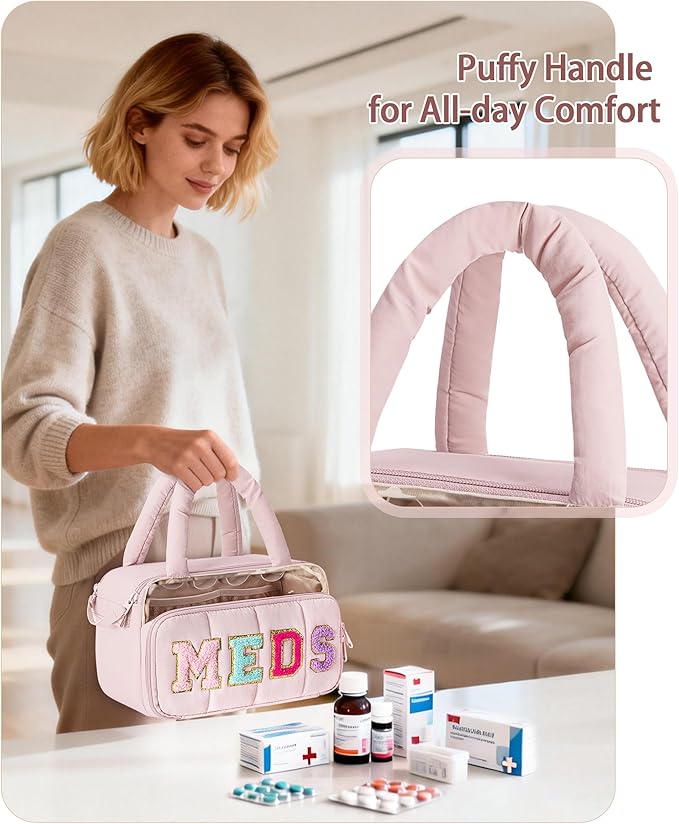 Fasrom Chenille Letter Medicine Bag, Preppy Patch Meds Bag for Travel, Pill Bottle Organizer with Puffy Handles, Portable Cosmetic Toiletry Storage Makeup Case for Women, Pink (Bag Only)