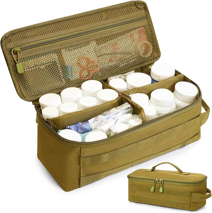 First Aid Bag Empty Pill Box Organizer,Tactical Medical Bag Case,Portable EDC Travel Medicine Pill Bottle Organizer (Brown)