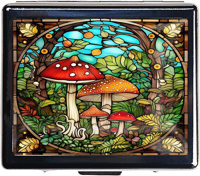 Travel Pill Organizer 7 Day Metal Pill Box with Mirror and 8 Compartments Cute Travel Pill Organizer for Purse (Mushroom Garden)