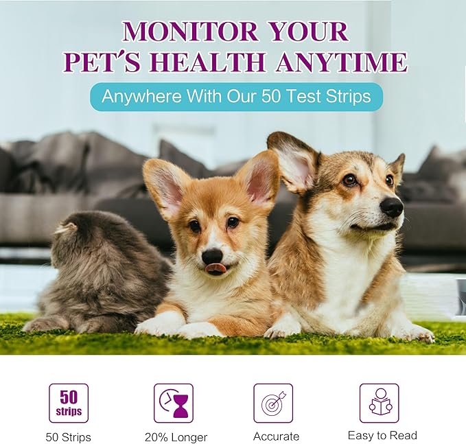 Dog & Cat Urine Test Strips, 4-in-1 Pet Urinalysis Testing Kit for Ketone, Glucose, pH and Nitrite, Reagent Strips for Vet Diabetes & UTI Monitor, 50ct Urine Test Kit Easy to Use at Home