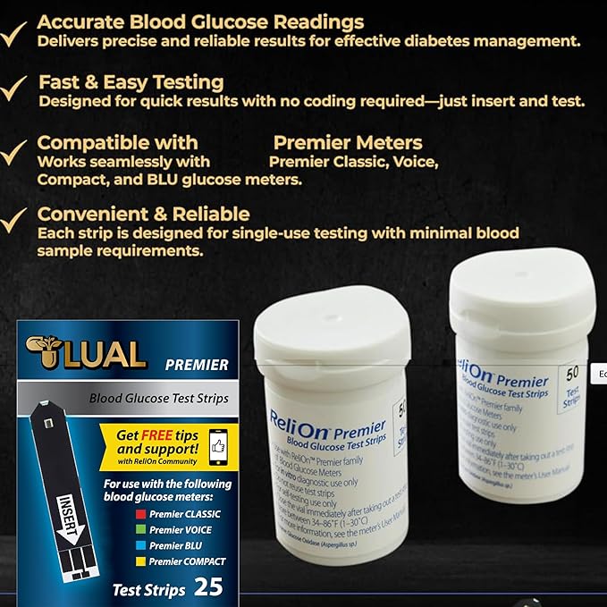 Premier Blood Glucose Test Strips 25 ct, Compatible with Premier Meters, Diabetic Test Strips | Premier Test Strips 25 Count, Bonus Diabetes Guide Included (25)