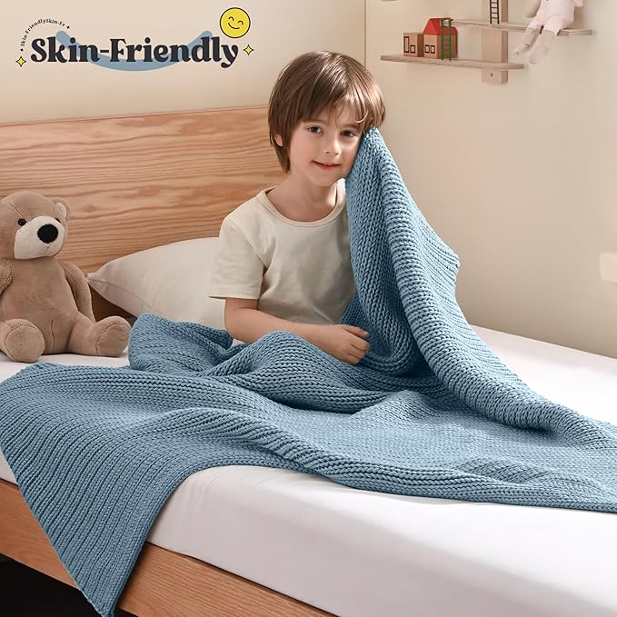 Guohaoi Knitted Weighted Blanket Kids (Haze Blue 36"x48" 5lbs) No Beads Cooling Heavy Blanket, Home Decor Breathable Chunky Knit Throw Blanket for All-Season Use